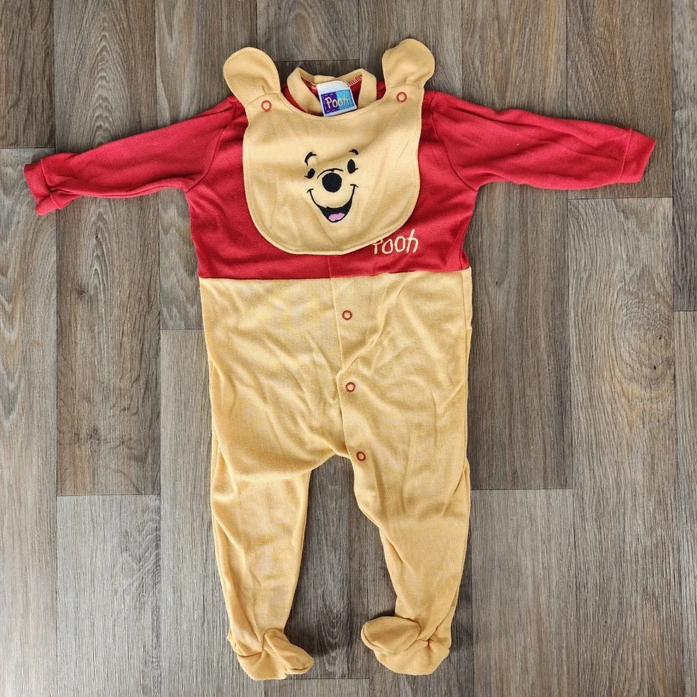 Disney Winnie the Pooh Vintage‎ Footed Sleeper Bib 6-9 Months Red Yellow